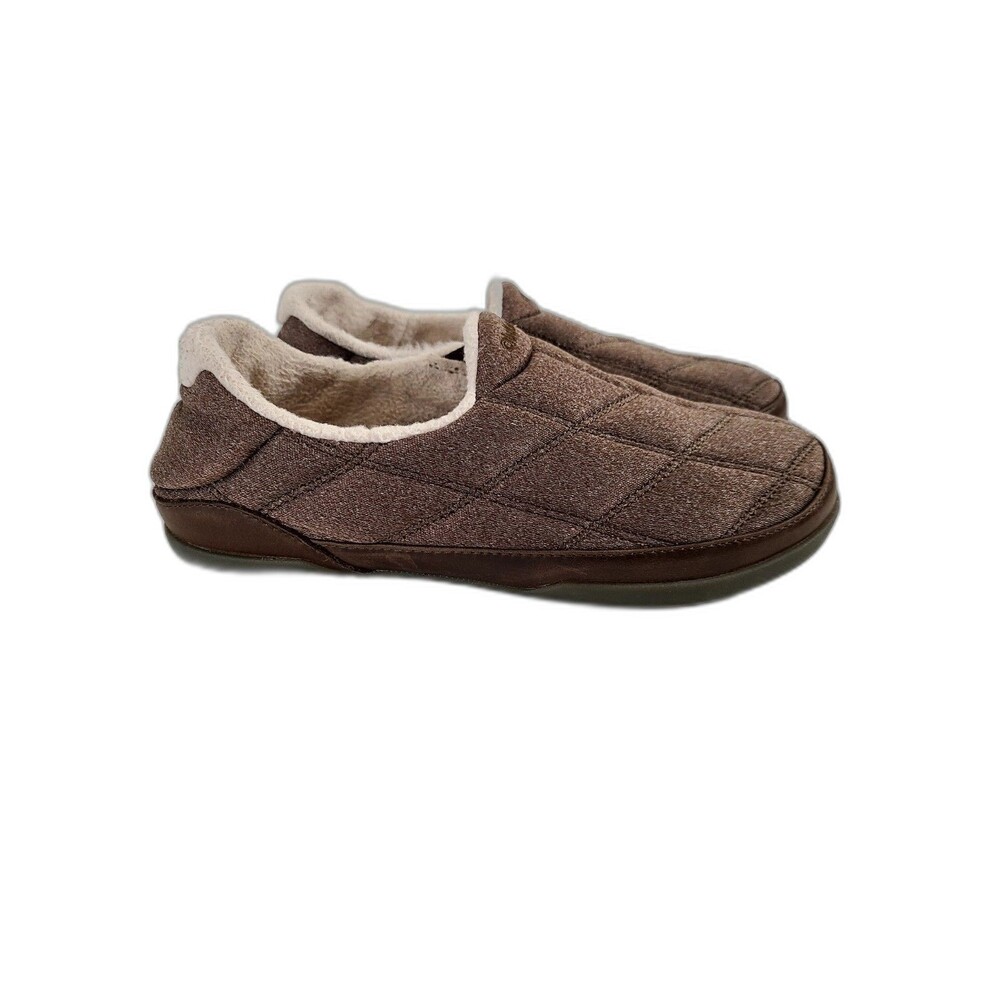 OluKai Mens Puku'i Brown Quilted Fleece Slippers Shoes Size 8 Hard Bottom
